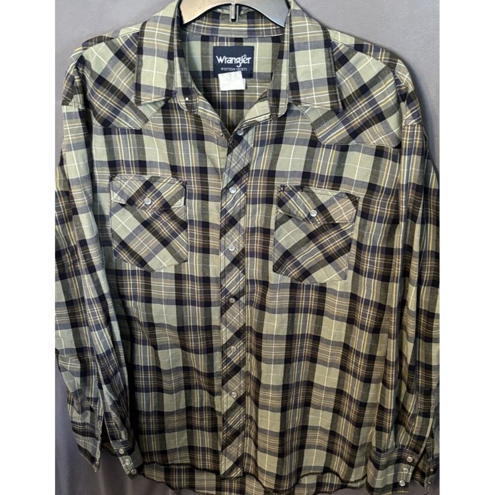 VTG Wrangler Pearl Snap Shirt Men's L/XL 22" Chest Western Plaid Long Sleeve